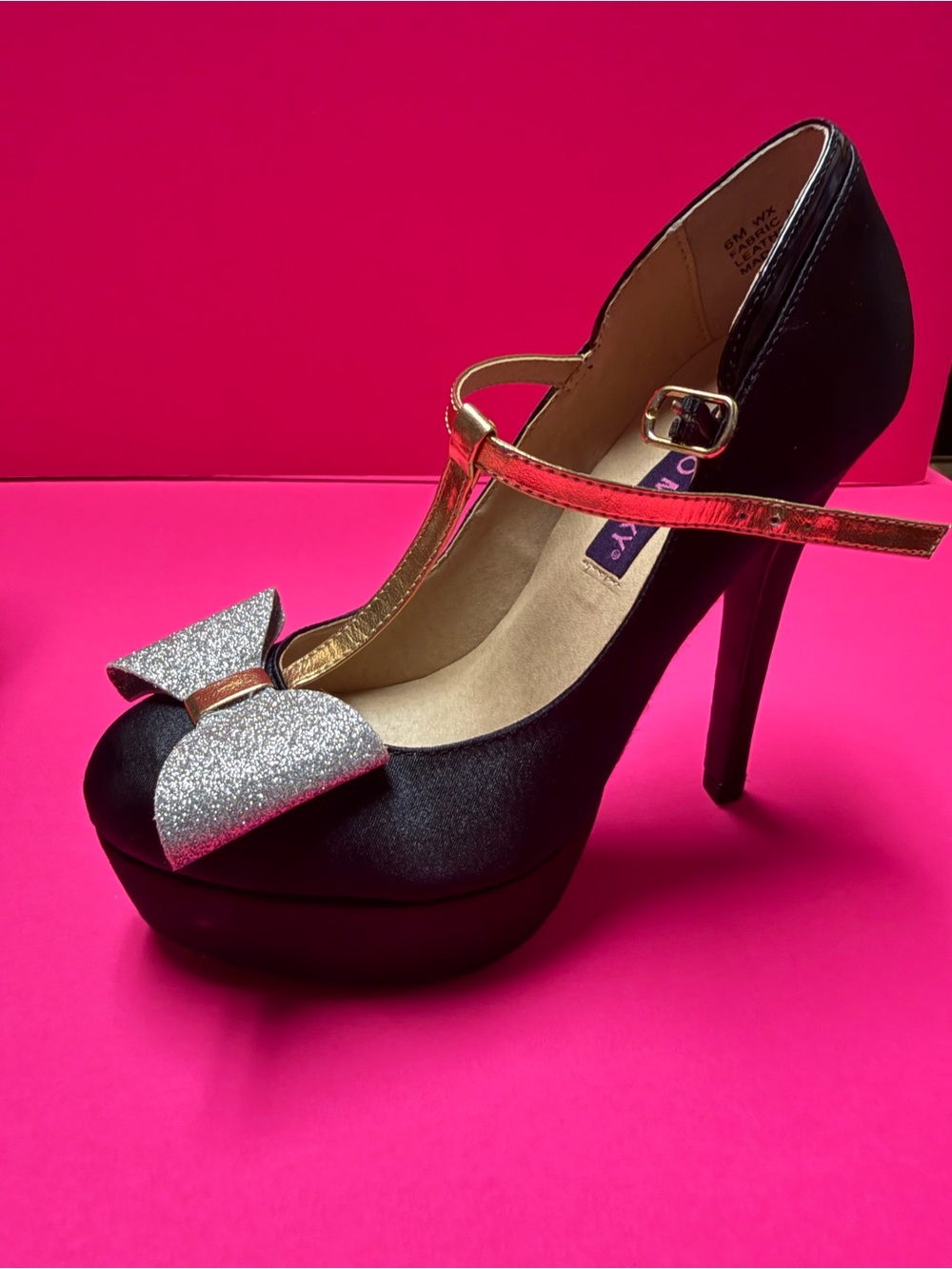 Platform T-Strap High Heel Pump with Silver Bow - Black